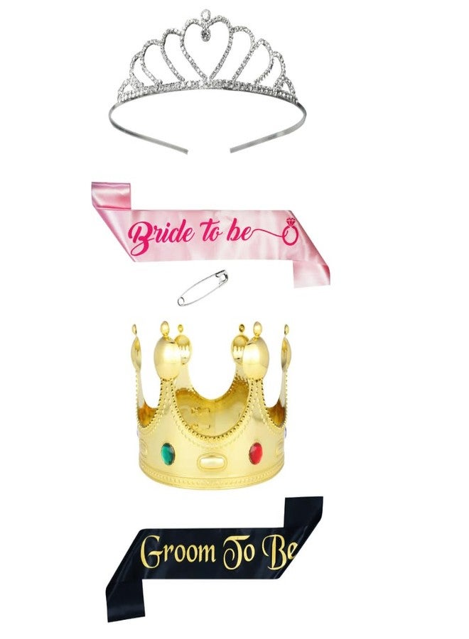 Decofy 6 Pc Bride to Be Decoration set | Bride to Sash Pink with Heart Crwn & Groom to Be Black Sash With King Crown | Bachloratte & Spinsters Party Combo - Image 1